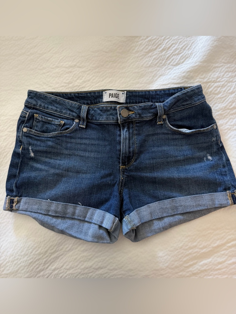 PAIGE Dark Blue Denim Roll-Cuff Jimmy Jimmy Shorts